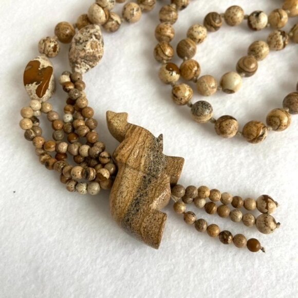 Beaded Long Hand Knotted Landscape Jasper Elephant Tassel Necklace 33" Infinity - Picture 7 of 16